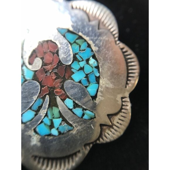 Vtg 1960's Peyote Bird Pendant Inlaid Chipped Turquoise & Coral Stamped Sterling - Picture 4 of 10
